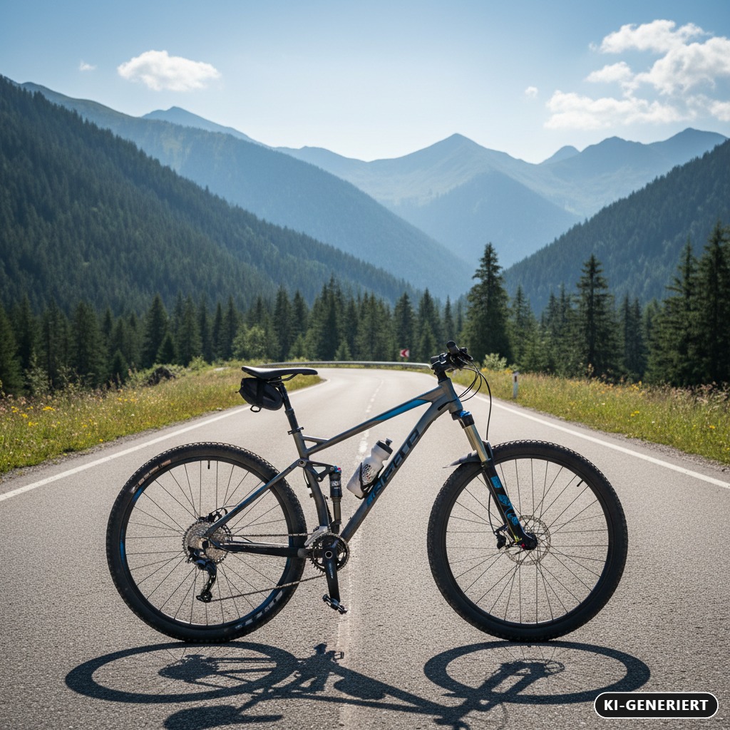 KI-generiert: Ein Mountainbike steht auf einer asphaltierten Straße vor einer Bergkulisse mit Nadelwald.