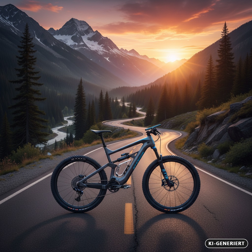 KI-generiert: Ein Mountainbike steht auf einer kurvigen Straße vor einer malerischen Bergkulisse bei Sonnenuntergang.