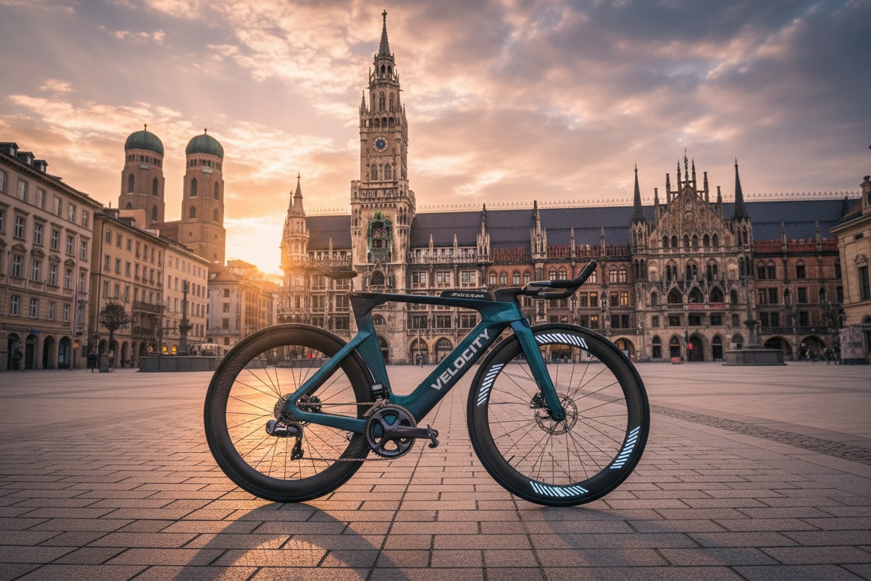 Ein blaues Velocity-Rennrad steht bei Sonnenuntergang auf dem Marienplatz vor dem Neuen Rathaus in München.